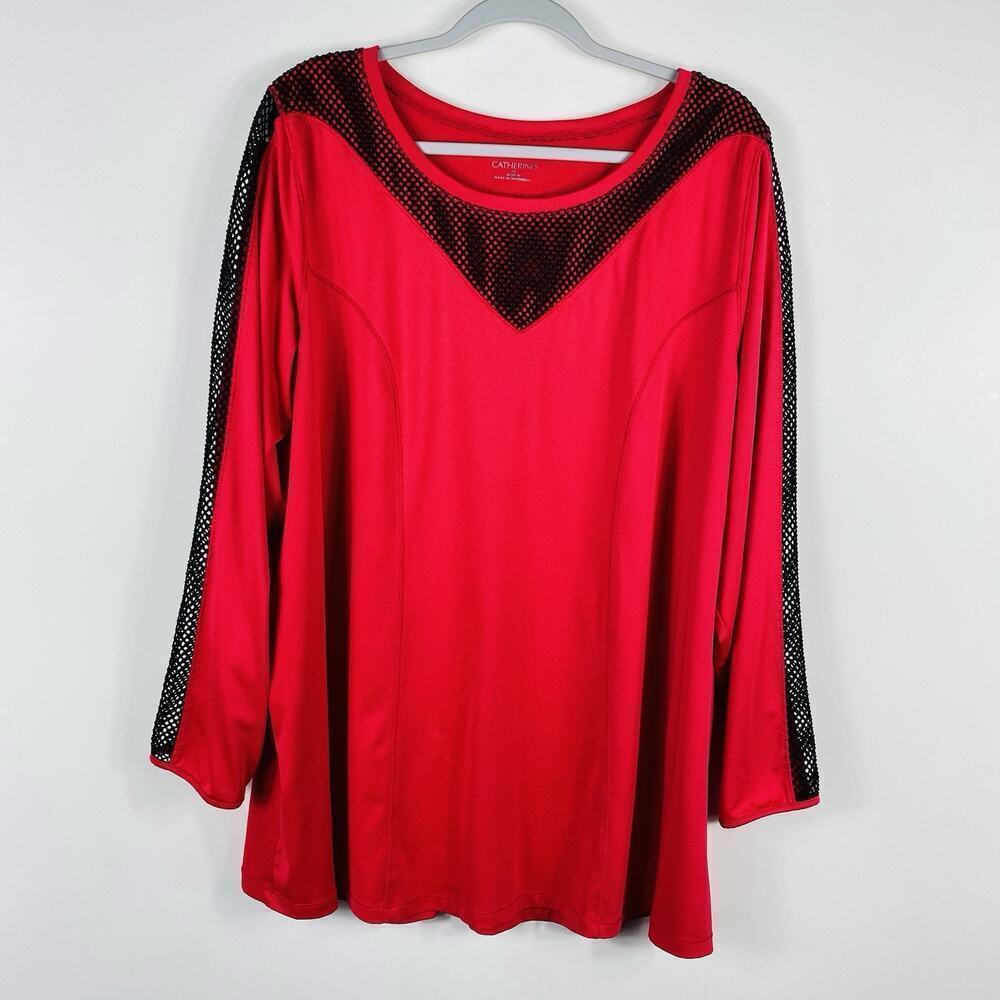 Catherines Plus Size 1X 18 20 Long Sleeve Top Red Black Casual Athletic Workout